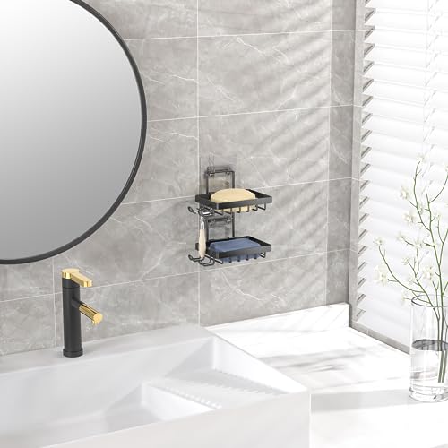 Moforoco Double Soap Bar Holder for Shower, No Drilling, 304 Stainless Steel, Wall Mounted Soap Holder with 4 Hooks and Razor Holder, Shower Rack Soap Tray Bar Soap for Bathroom Accessories Organizer - Image 7