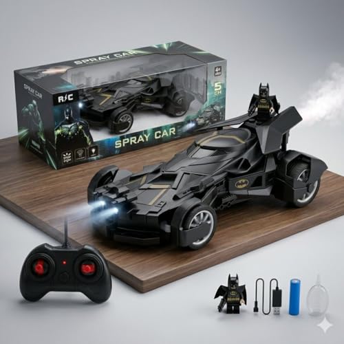 Image of Remote Control Batmobile with Mist Spray, High-Speed LED RC Car, USB Rechargeable, Racing Toy for Boys & Girls 3+, Black