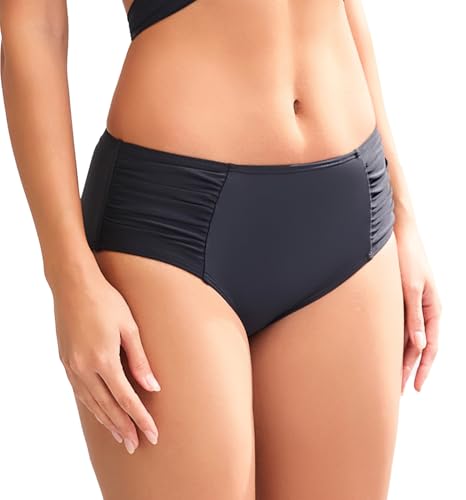 COCOPEAR Full Coverage Bikini Bottoms for Women Mid Rise Bathing Suit Bottoms for Women Ruched Tummy Control Swim Bottoms2