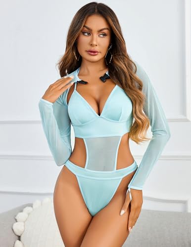 Image of Avidlove Rave Outfits for Women Festival Sexy Lingerie Bodysuit 2 Piece | Buckle shrug crop top halter bodysuit set, snap closure, breathable mesh, for concerts and club nights