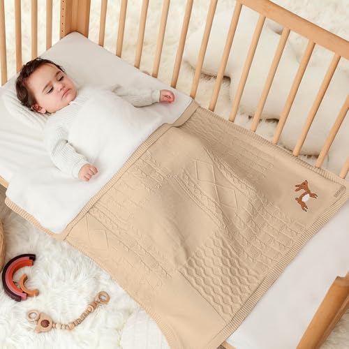 Image of Cotton Knit Baby Blanket with Plush Fleece, 31x40 Receiving Blanket for Newborn Boys & Girls, Soft Warm Stroller Blanket with Deer Embroidery, Box