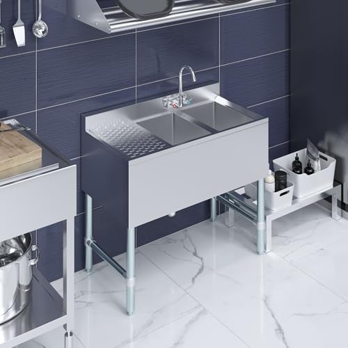 Image of AmGood 36 in. x 19 in. Two Compartment Under Bar Sink With 12 in. Right Drainboard | Stainless Steel Commercial Two Bowls Underbar Sink NSF.