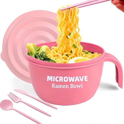 Image of Layron Large Ramen Bowl Set, Ramen Noodle Bowls Microwavable 45 oz, Ramen Cooker, Microwave Pasta Cooker, Ramen Bowl Microwave Gift for College Male Female Dorm Room (pink)