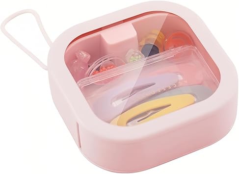 TONSHEN Mini Storage Case, 3.74"x3.74"x1.1" Travel Organizer, Portable Clear Small Storage Box for Hair Accessories and Small Items Pink