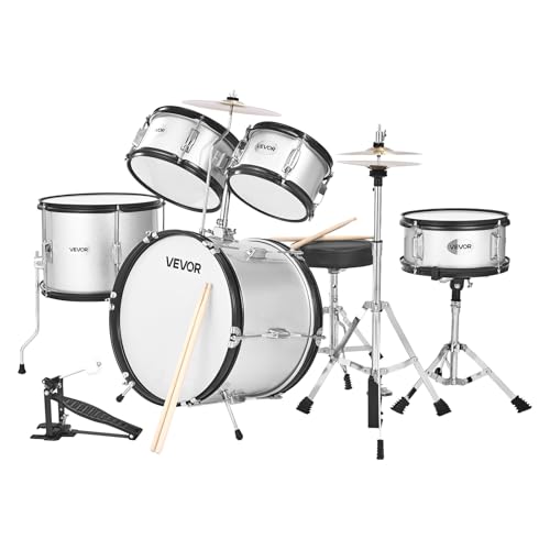 VEVOR Kids Drum Set, 5-Piece 16 in Junior Drum Sets, Beginner Drums Set with Adjustable Throne, Cymbal & Two Pairs of Drumsticks, Musical Learning Drums Instrument Kit, for Children Ages 6-13(Silver) by VEVOR - Image 3