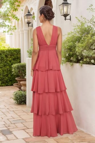 BONOYUER Tiered Ruffles Bridesmaid Dresses Long for Wedding A Line V Neck Chiffon Formal Evening Dress3