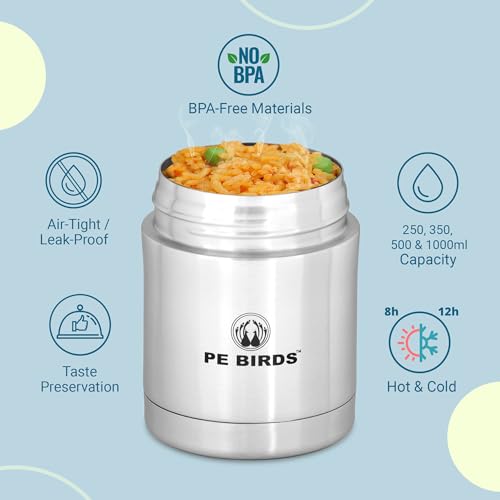 Image of PEBirds - Peacocks Stainless Steel Vacuum Insulated Food Jar 390ml | Sambar and Soup Container | Leakproof Thermal Lunch Jar for Office, School, Travel | Hot & Cold Food Flask (Black)