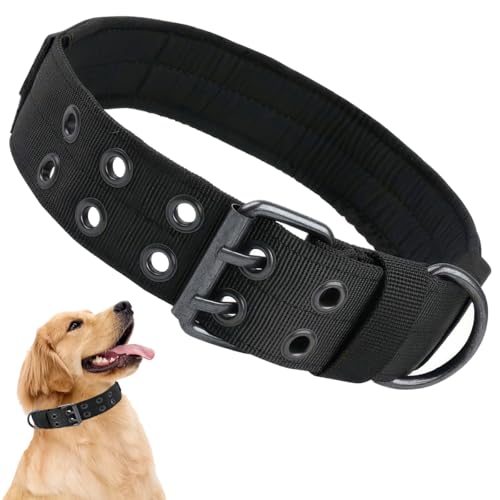 Collare Cane Taglia Grande, Collare Tattico Per Cani Regolabile, Collari Per Cani, Largo 5 cm, con Imbottitura Morbida, Fibbia In Metallo e Toppa, per Cani di Taglia Media e Grande (L, 45-55cm, Nero)