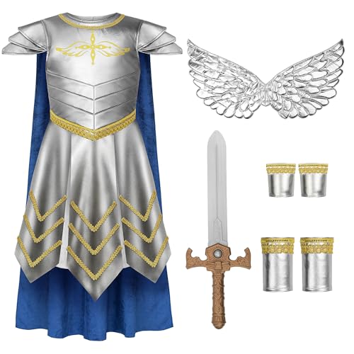 ReliBeauty Kid Archangel Costume Set,Silver Armor with Cape, Wings and Sword,130