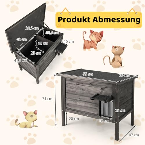 COSTWAY Katzenhaus Outdoor Winterfest, Katzenhütte für Winter, Holz, Katzenhöhle mit Schaumisolierung & Dach & PVC-Tür & Trennwand, für Außenbereich Innenbereich, 88 x 55 x 69 cm, Schwarz