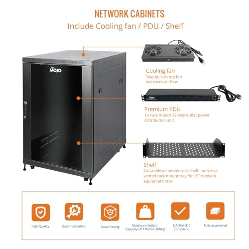 Image of Tecmojo Fully Assembled 18U Network Cabinet AV Rack Black Equipment Rack Enclosure with Casters /Locking Doors with Dual Fan, PDU and Cantilever Shelf Installed (31.5inch Deep Glass Door)