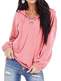 EZKOL Hoodie Damen Kapuzenpullover Langarm Lace Up Hooded Sweatshirt Herbst Pullover Langarmshirt mit Kapuzen Lässig Hoody (Rosa, L)