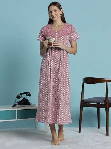 Image of 9shines Label Stylish Chikankari Cotton Nighty Maxi for Women | Full Length Nightgown | Nightdress with Pocket | Embroidery Nighty | Soft Comfortable Cotton Nightwear (1545)