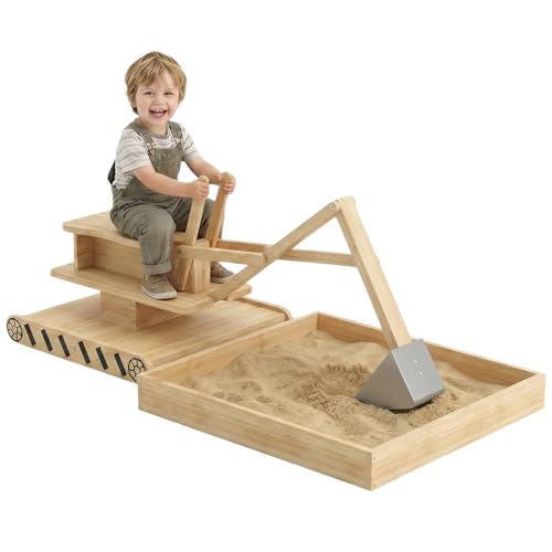 AIYAPLAY Arenero para Niños de Madera con Excavadora, Arenero Infantil con Asiento Giratorio 360° y Forro de Tela no Tejida, sin Motor, Caja de Arena para Niños de 3-6 Años, 184x90x56 cm, Natural