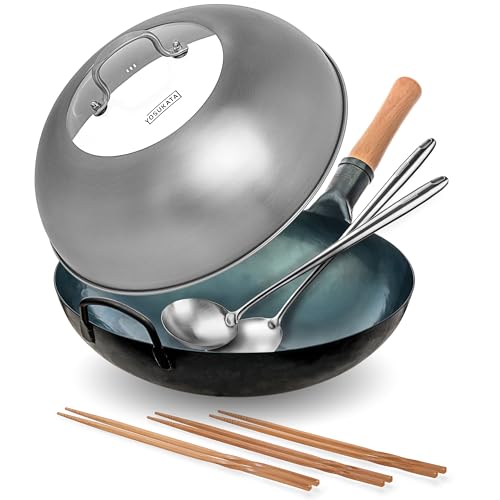 Wok YOSUKATA Fondo Plano de Acero Azul 13.5'' + Accesorios