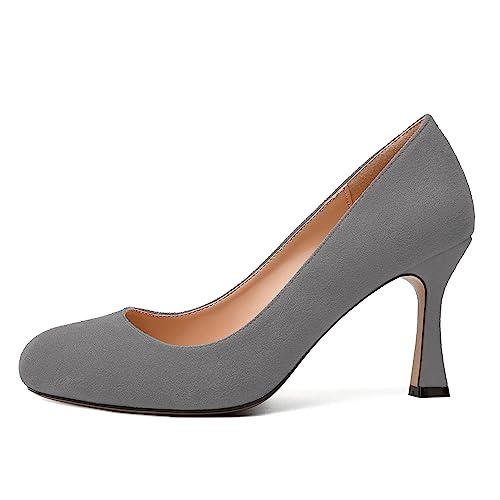 WAYDERNS Womens Solid Office Suede Slip On Dress Round Toe Spool High Heel Pumps Shoes 3.3 Inch2