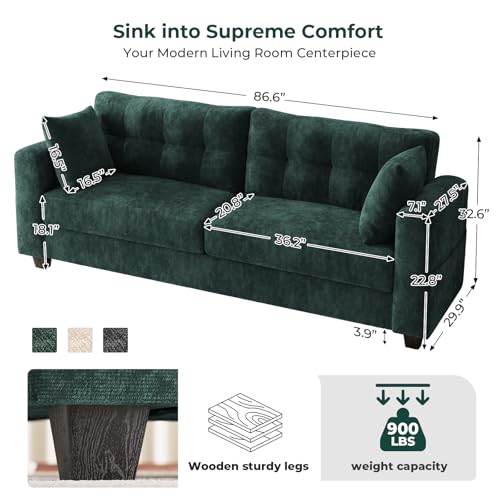 Image of 87 inch Loveseat Sofa for Living Room, Chenille Couch with USB /Type-C Charging Ports, Side Pockets, Removable Cover, Wide Armrests, Small Couch for Small Space, Easy to Assemble, Green