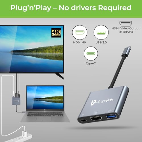 Image of UltraProlink USB hub Smart Hub Docking Station |3 in 1 USB Type C to HDMI 4K@30Hz Adapter |USB 3.0, HDMI & 100W PD Fast Charging Port|for All Type C Devices |DP Alt & Thunderbolt Compatible |UM1044