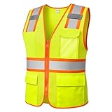 HSHCH Reflective Safety Vest for Men, High Visibility Construction Vest with Pockets Zipper Hi-Vis Stripes, ANSI Compliant (Yellow, L)