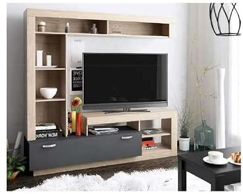 Salone Negozio Online MOBILE TV PIANO TV LIBRERIA KIT PARETE LIVING LEA 170X170X42 QUERCIA ANTRACITE