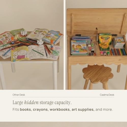 CAALMA Kids Table and Chair Set (Ages 3–7), Solid Wood with Lift-Top Hidden Storage - Montessori Table and Chair Set with Scalloped Design, Easy-Clean Surface & Gold Hardware — view 6