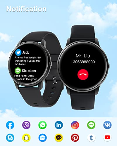 ASIAMENG Smartwatch, Herren, rund, Smartwatch, Pulsuhr, Sportuhr, Schrittzähler, wasserdicht, IP68, Schlafüberwachung, Bluetooth, SMS-Benachrichtigung und Anruf per Android, iOS, Schwarz