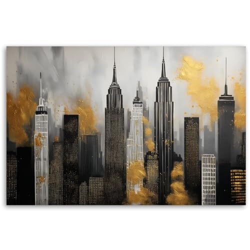 Lienzo de Nueva York moderno, decoración de pared abstracta negra y dorada 50x70