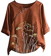 Women's Flowers Basic Tunic Tees Short Sleeves Summer Casual Blouse Crew Neck Button Linen Tops
