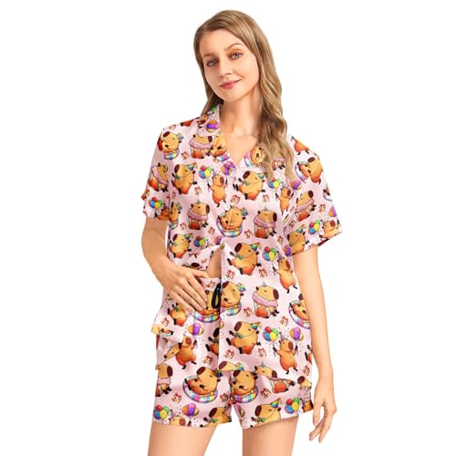 Image of Funny Pajamas for Women Set Print Satin Loungewear Pjs Short Sleeve Button Down Top and Shorts Sets Sleepwear XS-3XL