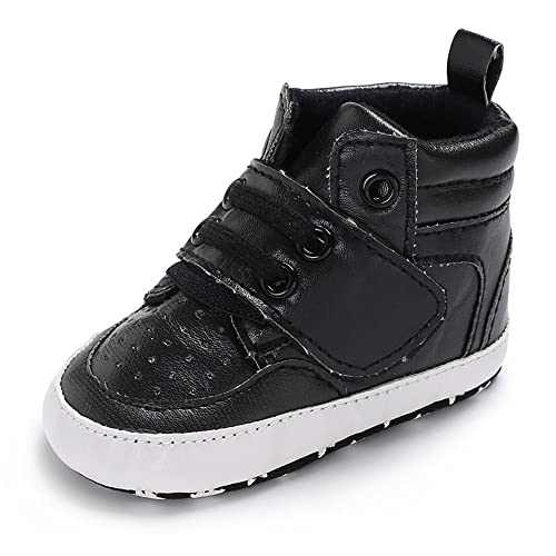 Image of Sekantrol Newborn Baby Boys Girls First Walker Crib Shoes Soft Rubber Sole Infant Sneakers Fashion High-Top Non-Slip Oxford(041-Black, 6_12months)