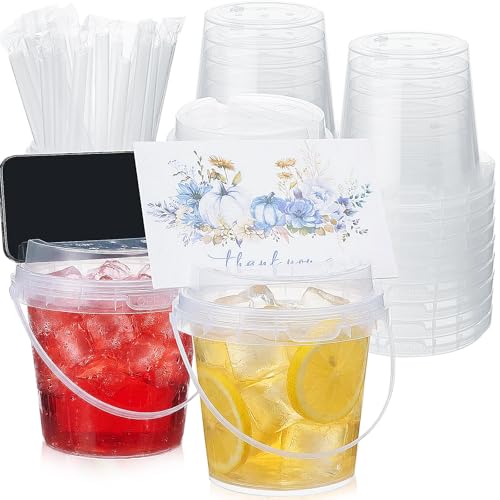 Funnymoom 30 Set Drink Buckets with Lids and Straws 24oz Clear Plastic Rum Cocktails Pails with Phone Holder Slot & Handles Disposable Ice Cream Cups for Summer Beach Pool Party Supplies