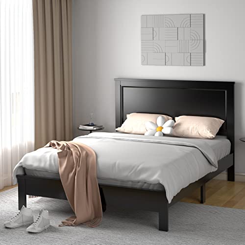 Komfott Wood Full Bed Frame With Headboard, Mid Century Platform Bed With Solid Wood Slats Support & Rubber Wood Legs, Slatted Bed Mattress Foundation, No Box Spring Needed, Easy Assembly #TOP3
