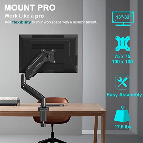 Mount Pro Single Monitor Desk Mount - Articulating Gas Spring Monitor Arm, Removable Vesa Mount Desk Stand With Clamp And Grommet Base - Fits 13 To 32 Inch Lcd Computer Monitors, Vesa 75X75, 100X100 #TOP4