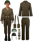 Kids WW2 Soldier Costume Boys Girls Field Jacket Cosplay Helmet Belt Haversack 6 Pcs Set for Halloween 9-10Y