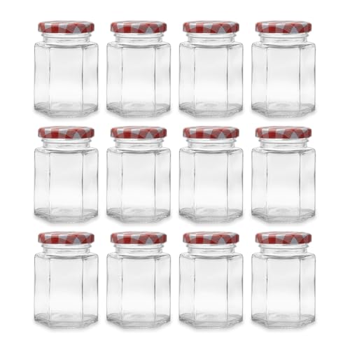Hniuyun 12 Pack Hexagonal Glass Jam Jars, 100ml 3.3 fl.oz Glass Jar with Lid for Sealing, Clear Canning Jars for Food Storage, Spices, Honey, DIY Projects (Red)