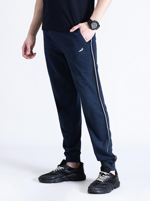 Image of CROCODILE Men Solid French Terry Joggers | Classic Fit | Mid Rise | Drawstring Closure | Ankle Length | Casual Wear Navy Melange