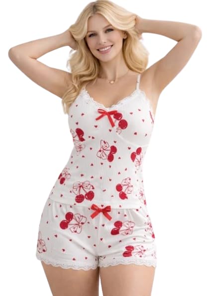 Women White Heart & Cherry Print Camisole Nightwear Set | Sleeveless Lace Trim Top & Shorts | Soft Comfortable Cute Sleepwear Lounge Set-image-0