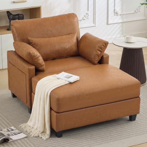 58" Oversized Faux Leather Chaise Lounge Chair Indoor, Mid Century Modern Accent Chair with Ottoman, Deep Seat Comfy Reading Chair with Side Pocket, Single Sofa Armchair for Living Room Bedroom,Brown