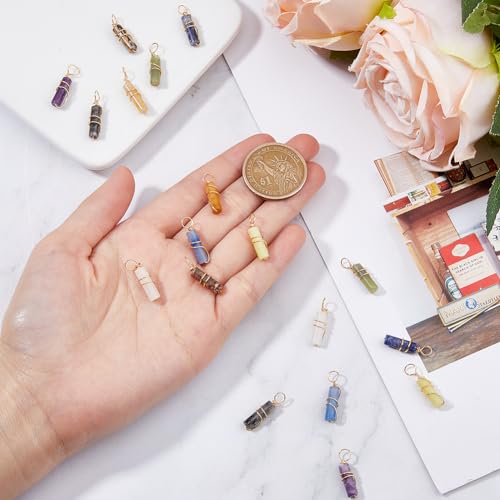 SUPERFINDINGS 18Pcs 9 Styles Gemstone Pendants Column Natural Mixed Stone Charms with Light Gold Copper Wire Wrapped Crystal Stone Pendants Charms for Earring Necklace Bracelet Jewelry Making - Image 4