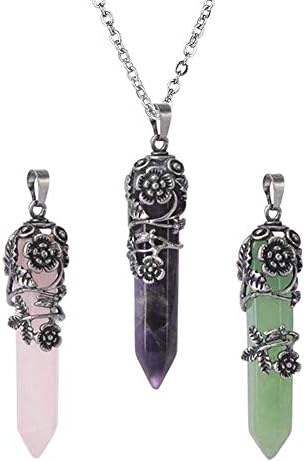 OCARLY Natural Gemstone Point Hexagonal Pendant Flower Pendulum Necklace Healing Crystal Chakra Jewelry