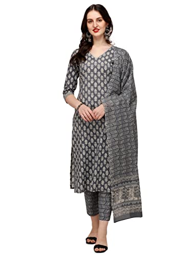 Image of FIORRA Women's Grey Cotton Straight Kurta with Pant and Dupatta SET0050
