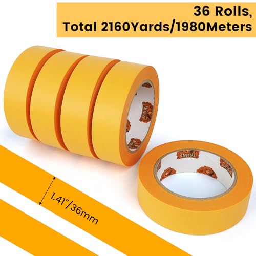 Image of TAPEBEAR 36Rolls Delicate Surface Advanced Masking Tape 1.41 inch x 60Yard, Low Tack Orange Washi Tape Indoor Painters Tape Decorating with No Paint Bleed, Sharp Lines, Surface Damage-Free