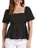 Allegra K Blusas De Verano con Peplum para Mujer Blusas De Manga Corta con Cuello Cuadrado Y Ribete con Volantes Camisas Elegantes E Informales Negro M