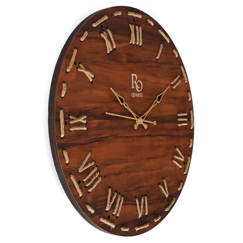 Image of Wooden Round Shape Roman Dial Wall Clock with Golden Hands & Golden Jute Rope Detailing | Silent Quartz Movement Anti Reflection Analog Vintage Clock for Home & Office (Brown, 15.5 Inch)