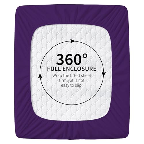 Image of HBHLFZ King Fitted Sheet Only, Soft Breathable Bottom Sheet - 78 inchx80 inch Deep Pockets King Size Fitted Sheet - All Around Stretch Fit, Wrinkle Resistant, Colorfast - Easy Care, Purple