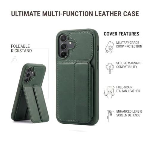 Image of amazon basics Luxury Vegan Leather Back Cover for iPhone 16 | Built-in Card Holder Slot | Integrated Mobile Stand | Slim Shockproof Protective Case with Stitched Finish - Green