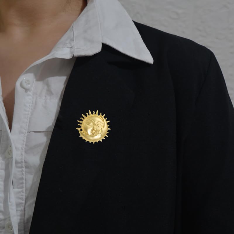 Image of Gold-Tone Moon Sun Brooch Pin Vintage Face Lapel Pin Dainty Crescent Moon with Flaming Sun Safty Pin Baroque Brooch Fairy Planet Badges for Hat Bag Pants Accessory Decoration Gift for Women Men