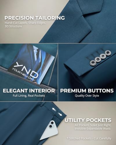 Image of YND Men's 3 Piece Suit with Tie, Solid Color Slim Fit Jacket Vest and Pants