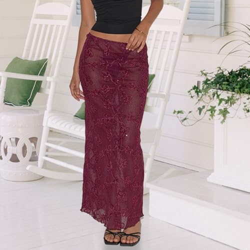 Women's Lace Long Skirt Stylish Solid Lace Floral Sheer Low Rise Skirt for Daily Life Party & Bar4