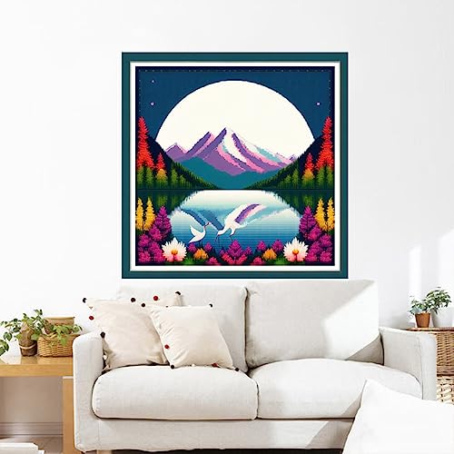 Image of Joyhoor Cross Stitch Kits for Beginners Stamped Cross-Stitch Supplies Needlework preprint Embroidery Kits for Adults DIY Needlepoint Kits Embroidery Patterns 11CT-Swan Lake 17.7x17.7 inch